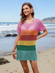 Openwork Round Neck Short Sleeve Cover-UP