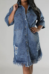 Distressed Raw Hem Button Up Denim Dress