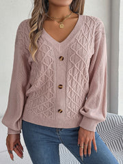 Cable-Knit V-Neck Lantern Sleeve Sweater